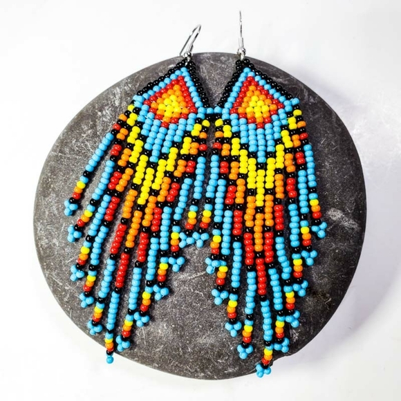Turquoise Sunrise Long Fringe Seed Bead Earrings - Picture 1 of 7